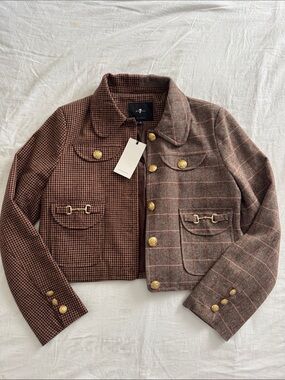 7 For All Mankind Brown Multi-Pattern Cropped Coat with Gold Buttons
